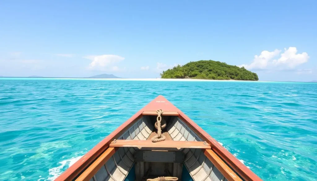 Boat approaching Mantigue Island Philippines with crystal clear waters and white sand beach visible Boat approaching Mantigue Island Philippines with crystal clear waters and white sand beach visible