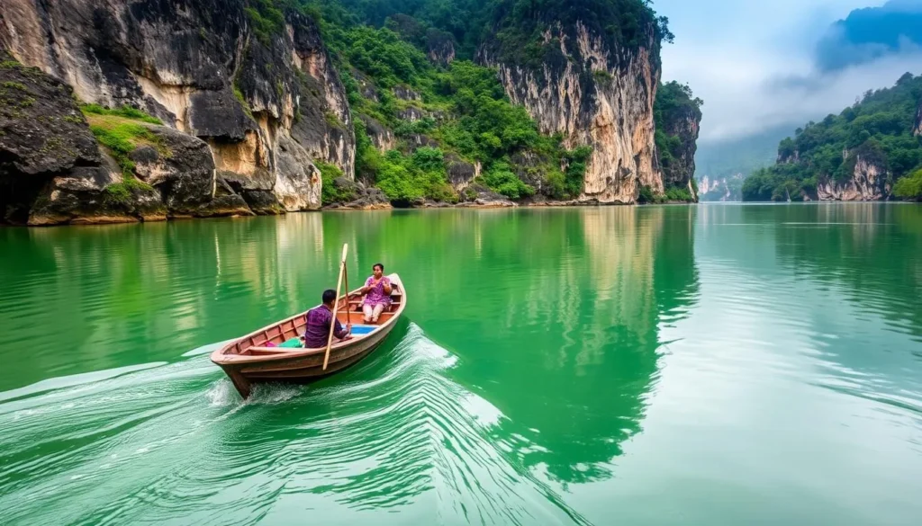Boat journey on the Sangu River between rocky cliffs and misty mountains in Bandarban