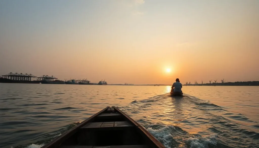 Boat ride on the Karnaphuli River with views of port activities and city skyline