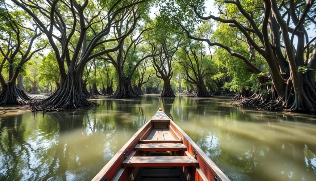 Boat safari through the mangrove forests of Sundarbans National Park with dense vegetation reflected in the water Boat safari through the mangrove forests of Sundarbans National Park with dense vegetation reflected in the water