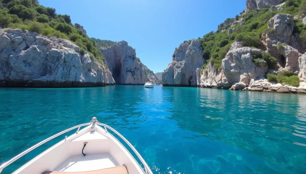Boating through the crystal-clear waters of Calanques National Park