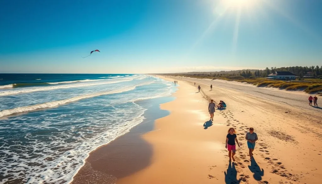 Bogue Banks, North Carolina: a picturesque coastal scene in all its seasonal glory. In the foreground, families stroll along the pristine sandy beach, their laughter carried by the gentle ocean breeze. Sunlight dances across the rolling waves, inviting beachgoers to wade in the crystal-clear waters. Midground, children build sandcastles and fly kites, their vibrant colors painting the sky. In the distance, lush dunes and maritime forests frame the serene landscape, hinting at the diverse natural wonders that await exploration. A warm, golden glow suffuses the entire scene, evoking the essence of a perfect day on the Carolina coast. Capture the essence of Bogue Banks' captivating seasonal allure with this cinematic, wideangle composition.