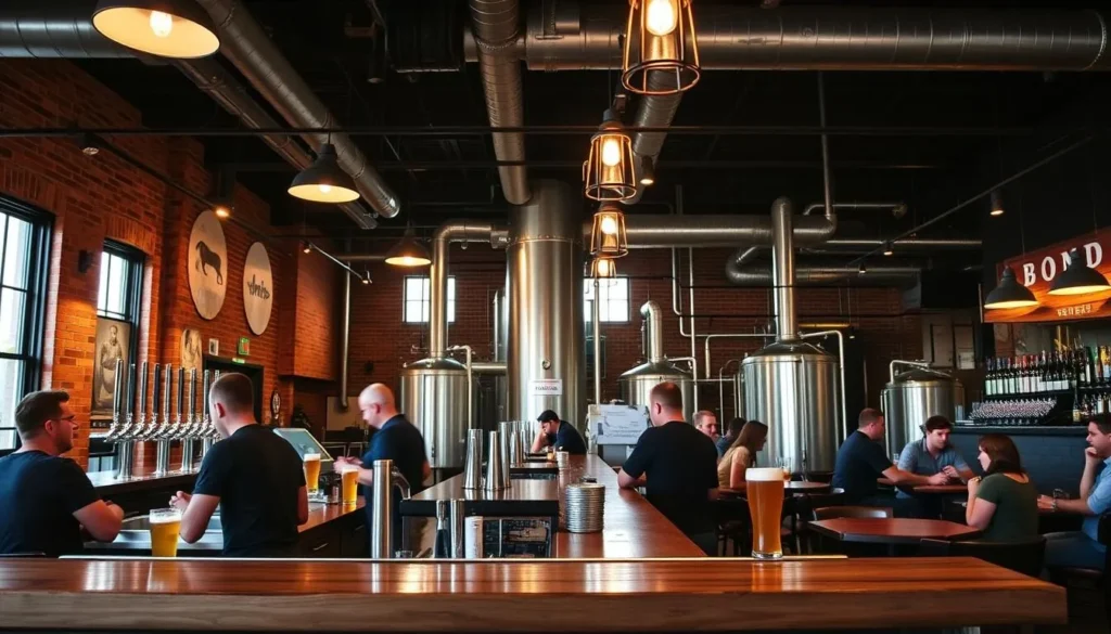 Bond Brothers Beer Company taproom showing the bar area with craft beer taps and patrons enjoying drinks