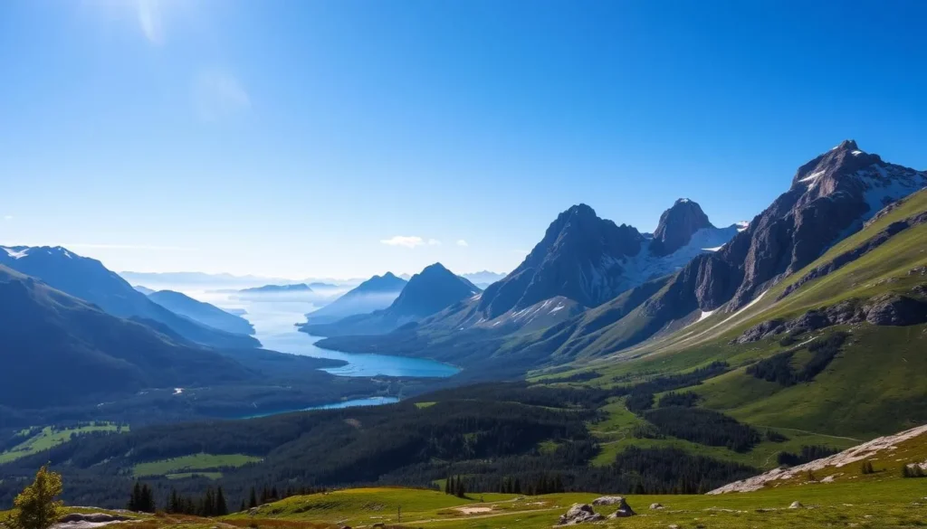 Borgefjell mountain peaks in Norway, majestic and serene. Towering rocky summits silhouetted against a clear, azure sky. Rugged, snow-capped ridges stretch out into the distance, casting long shadows across the lush, verdant valleys below. Sunlight dances across the pristine, glacial lakes, their still waters reflecting the grand, alpine landscape. Birch forests and alpine meadows blanket the rolling foothills, a tapestry of vibrant greens and wildflowers. Capture the raw, untamed beauty of this remarkable, Nordic wilderness.