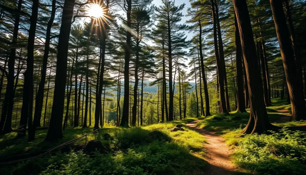 Boubín Primeval Forest, a serene natural wonder in the heart of Šumava National Park, Czechia. Capture the lush, towering canopy of ancient trees bathed in warm, golden sunlight filtering through wispy clouds. Depict the winding trail leading through the verdant undergrowth, inviting exploration. In the distance, a glimpse of the rolling, forested hills beyond. Convey a sense of tranquility and timeless beauty, as if stepping into a pristine, untouched wilderness. Utilize a wide-angle lens to showcase the grandeur of this primeval landscape, while maintaining a realistic, photographic quality.