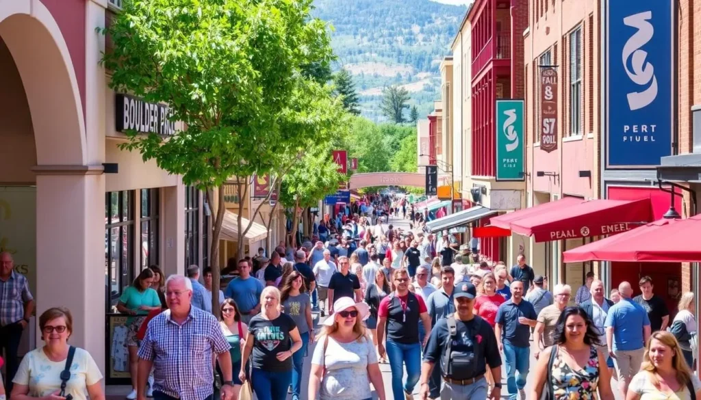 Boulder Pearl Street Mall with people walking and shopping