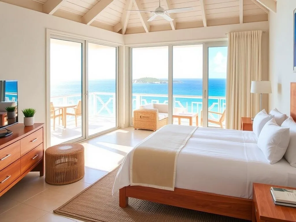Boutique hotel room with balcony view of Crocus Bay, Anguilla