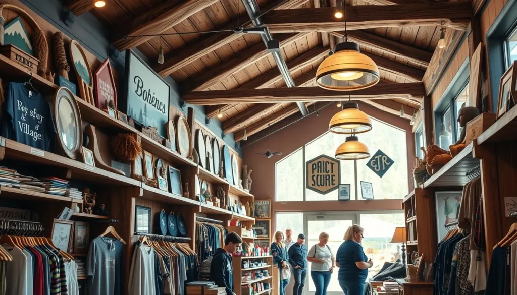 Boutique shops in The Village with mountain-themed merchandise