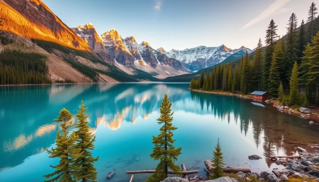 Bow Lake, a stunning glacial lake nestled in the heart of Banff National Park, Alberta. Capture the serene turquoise waters reflecting the majestic Rocky Mountains in the background, with lush pine forests lining the shores. Showcasing the breathtaking scenery, the image should have a warm, golden-hour lighting that enhances the natural beauty. Utilize a wide-angle lens to accentuate the grand scale of the landscape, while maintaining a sense of depth and balance. Convey a peaceful, tranquil atmosphere, inviting the viewer to imagine themselves exploring this picturesque Canadian wilderness.