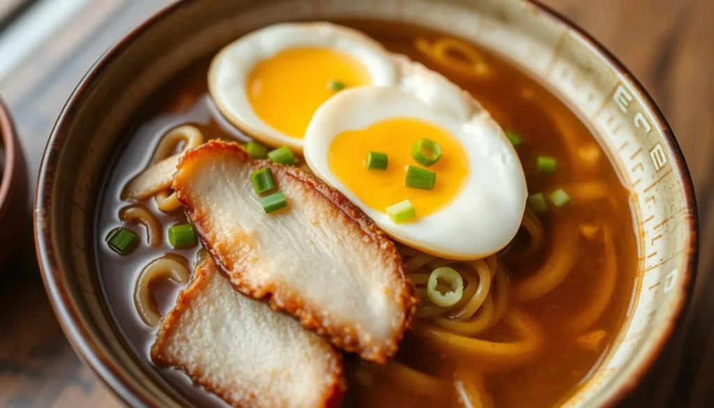Bowl of Tokushima ramen with its distinctive brown broth, topped with raw egg and sliced pork Bowl of Tokushima ramen with its distinctive brown broth, topped with raw egg and sliced pork
