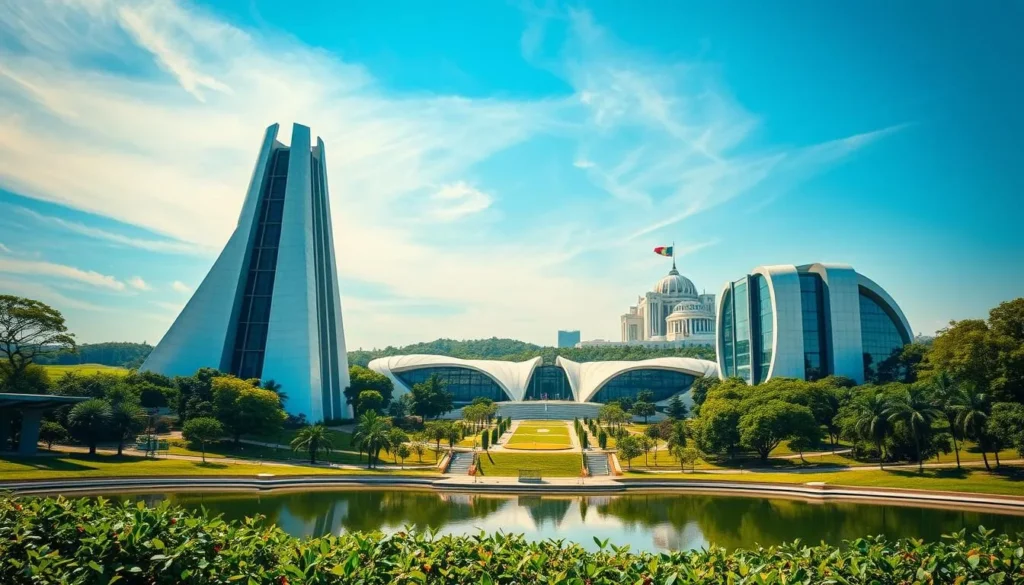 Brasilia cityscape, a modernist paradise under a vast, azure sky. Majestic government buildings, designed by visionary architect Oscar Niemeyer, stand tall amidst lush, verdant landscaping. Soaring, curvaceous structures in gleaming white and gray concrete, accentuated by ribbons of glass and steel, create a symphony of form and function. In the foreground, a tranquil reflecting pool mirrors the architectural masterpieces, while in the distance, the iconic Palácio da Alvorada and Catedral Metropolitana rise majestically, embodying the city's bold, futuristic spirit. A serene, sun-dappled scene capturing the essence of Brasilia's captivating modernist elegance.