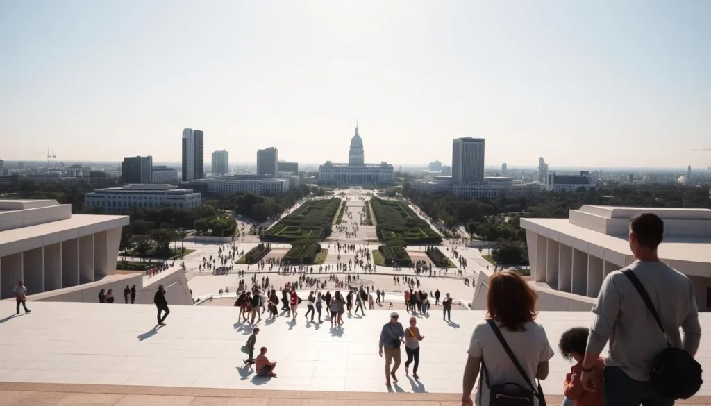 Brasilia cityscape under a bright, clear sky. In the foreground, a group of tourists exploring the city's iconic modernist architecture, taking in the clean lines and geometric patterns. In the middle ground, a bustling city center with people going about their daily activities, navigating the well-planned streets and public spaces. In the background, towering government buildings and landmarks like the National Congress, casting long shadows. The scene conveys a sense of order, safety, and civic pride, with a neutral color palette and soft lighting that creates a calming, inviting atmosphere for visitors.