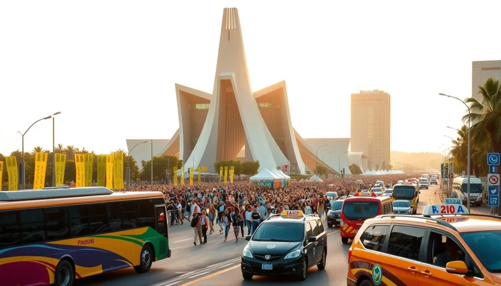 Brasilia festival transportation: a vibrant scene of local vehicles and pedestrians navigating the city's distinctive modernist architecture. In the foreground, colorful buses and taxis ferry revelers to the festivities, their sleek lines and dynamic angles complementing the bold, geometric structures that define Brasilia's skyline. In the middle ground, a crowd of festival-goers weaves through the bustling streets, their energy and excitement palpable. The background is bathed in warm, golden light, casting a celebratory glow over the entire scene and creating an atmosphere of joyous celebration.