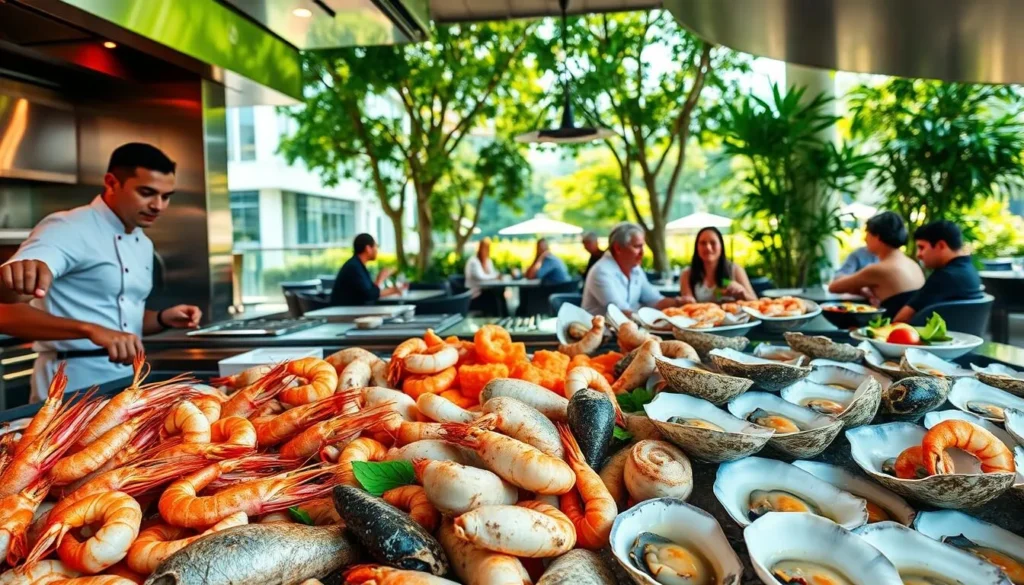 Brasilia seafood culinary tour: a vibrant scene showcasing the coastal delights of Brazil's capital. In the foreground, a bountiful display of fresh seafood - glistening shrimp, succulent fish fillets, and plump oysters. Chefs skillfully prepare these delicacies, their focused expressions reflected in the gleaming stainless steel appliances. In the middle ground, patrons seated at intimate tables savor the flavors, their faces alight with enjoyment. The background reveals the cosmopolitan charm of Brasilia, with sleek modern architecture and lush greenery framing the lively culinary experience. Natural light filters in, casting a warm, inviting glow over the entire scene. An atmosphere of cultural vibrancy and epicurean delight pervades, beckoning food enthusiasts to explore the acclaimed seafood restaurants of this unique Brazilian destination.