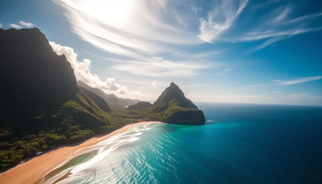 Breathtaking aerial view of Fernando de Noronha, a lush and verdant island paradise off the coast of Brazil. Crystalline turquoise waters lap against pristine white sand beaches, framed by majestic volcanic cliffs and lush tropical foliage. Sunlight filters through wispy clouds, casting a warm, golden glow over the idyllic scene. Capture the essence of this natural wonder, showcasing its stunning beauty and tranquil atmosphere. Utilize a wide-angle lens to accentuate the island's dramatic topography and expansive vistas. Convey a sense of serene wonder and the allure of this Brazilian island retreat.