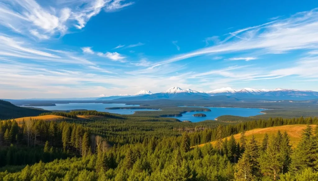 Breathtaking landscapes of Västerbotten County, Sweden, unfold before us. In the foreground, rolling hills covered in a lush, verdant carpet of pine and birch forests. The middle ground features a pristine lake, its crystalline waters reflecting the azure sky and wispy clouds above. In the distance, majestic snow-capped mountains pierce the horizon, their peaks glowing in the warm, golden light of a sun-drenched day. The scene exudes a sense of tranquility and natural wonder, inviting the viewer to discover the unspoiled beauty of this northern gem. Captured with a wide-angle lens and natural lighting, this image conveys the breathtaking essence of Västerbotten County's breathtaking landscapes.