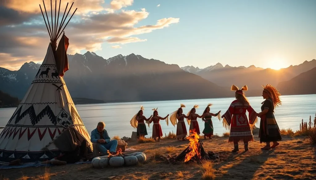 Breathtaking scenery of Medicine Lake, Alberta, showcasing the rich Indigenous heritage. In the foreground, a traditional teepee stands tall, adorned with intricate designs and symbols. Elders gather around a crackling fire, sharing stories and wisdom. In the middle ground, a group of Indigenous dancers perform a captivating ceremonial dance, their colorful regalia swaying in the gentle breeze. The backdrop features the stunning mountain landscape, with the tranquil waters of Medicine Lake reflecting the natural beauty. Warm, golden sunlight bathes the scene, creating a peaceful and timeless atmosphere. Capture the essence of this culturally significant place through a serene, high-resolution photograph. Breathtaking scenery of Medicine Lake, Alberta, showcasing the rich Indigenous heritage. In the foreground, a traditional teepee stands tall, adorned with intricate designs and symbols. Elders gather around a crackling fire, sharing stories and wisdom. In the middle ground, a group of Indigenous dancers perform a captivating ceremonial dance, their colorful regalia swaying in the gentle breeze. The backdrop features the stunning mountain landscape, with the tranquil waters of Medicine Lake reflecting the natural beauty. Warm, golden sunlight bathes the scene, creating a peaceful and timeless atmosphere. Capture the essence of this culturally significant place through a serene, high-resolution photograph.
