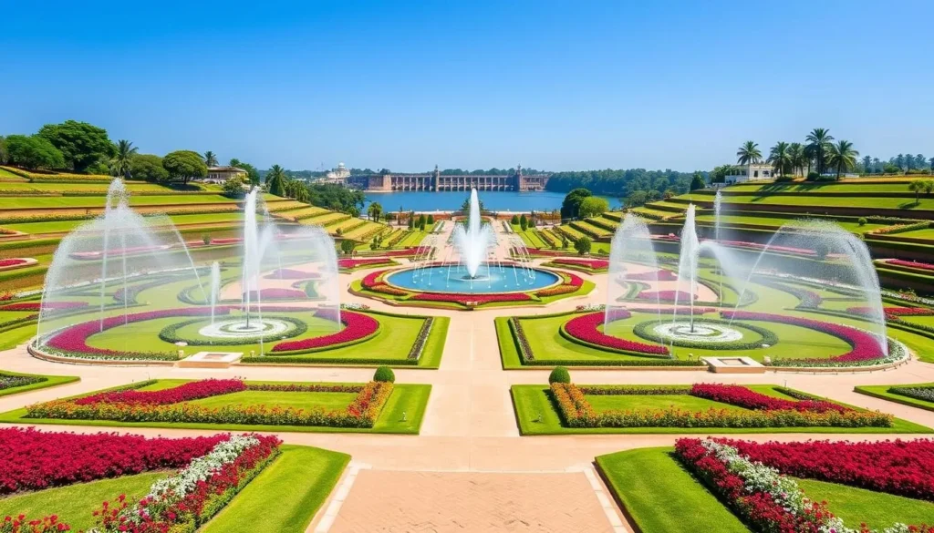 Brindavan Gardens with symmetrical layout, colorful flowerbeds, fountains and the Krishna Raja Sagara Dam in the background