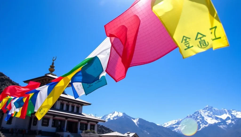 Buddhist prayer flags at Ghoom Monastery with Himalayan mountains in background, a cultural Darjeeling, West Bengal things to do