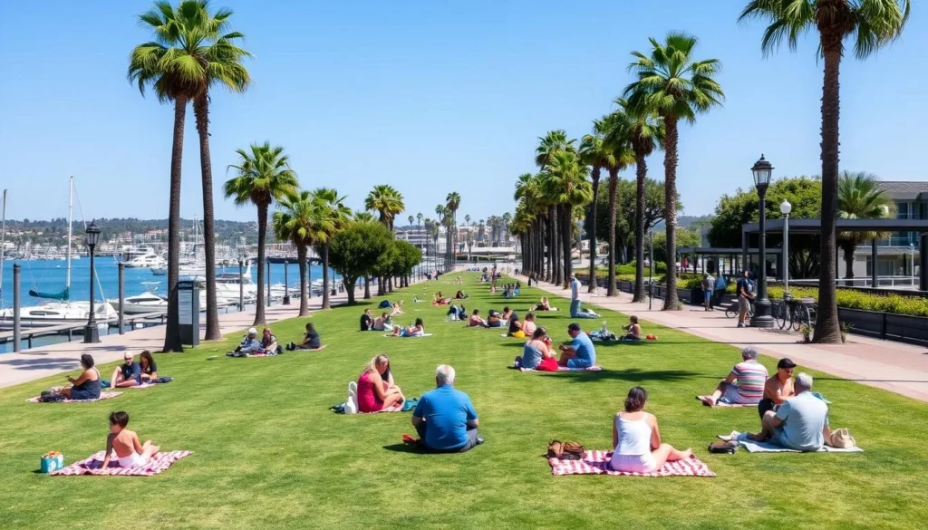Burton Chace Park in Marina del Rey with people enjoying picnics and harbor views, a top thing to do in Marina del Rey, California