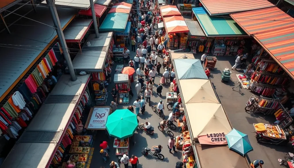 Bustling Chatuchak Weekend Market in Bangkok with colorful stalls and shoppers