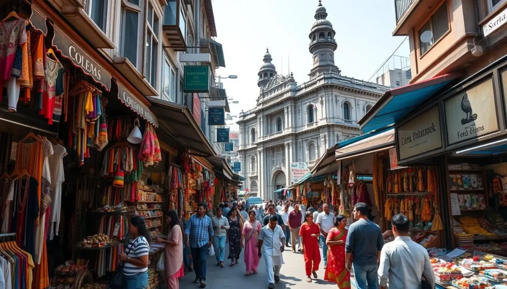 Bustling Colaba Causeway market with colorful stalls selling clothing, jewelry, and souvenirs