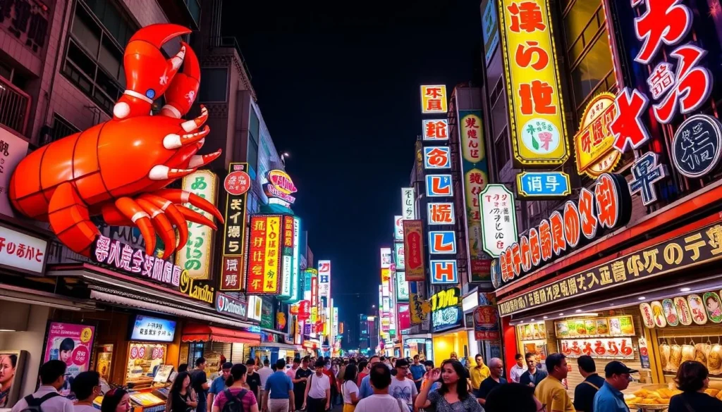 Bustling Dotonbori street at night with colorful neon signs, food stalls, and crowds of people
