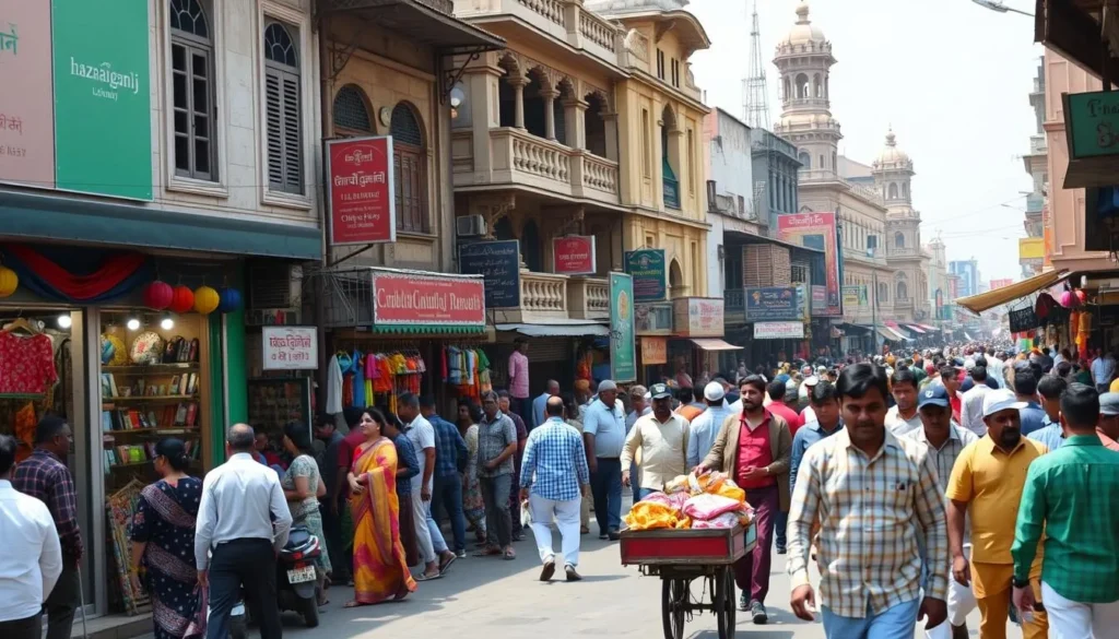 Bustling Hazratganj Market in Lucknow showing shoppers, colorful storefronts and traditional architecture