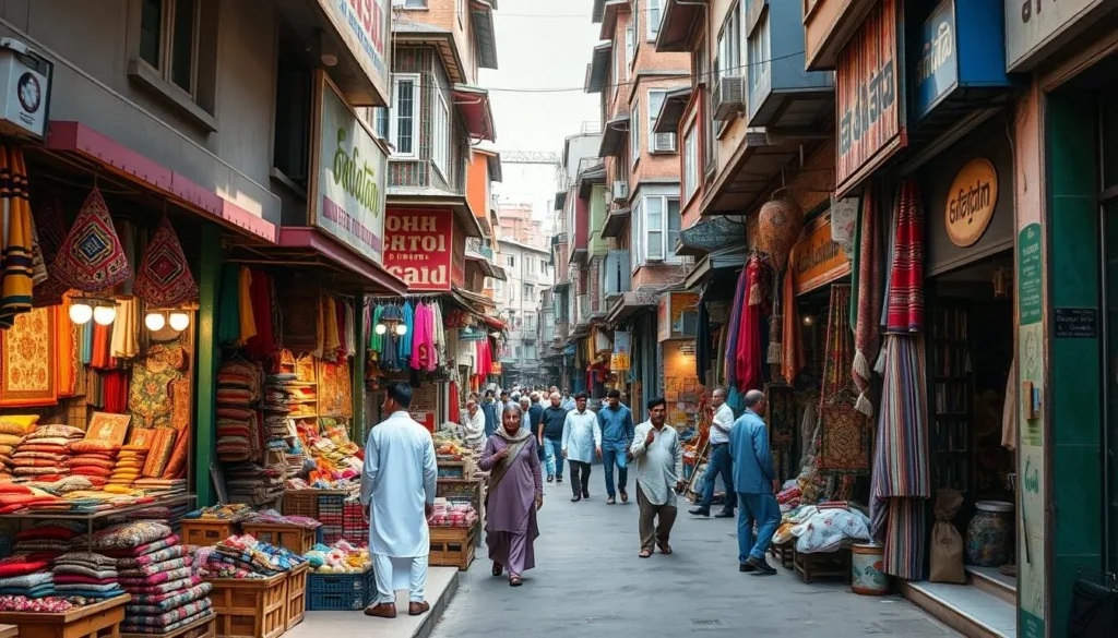 Bustling Kashmiri Bazaar in Sialkot with colorful shops and traditional goods