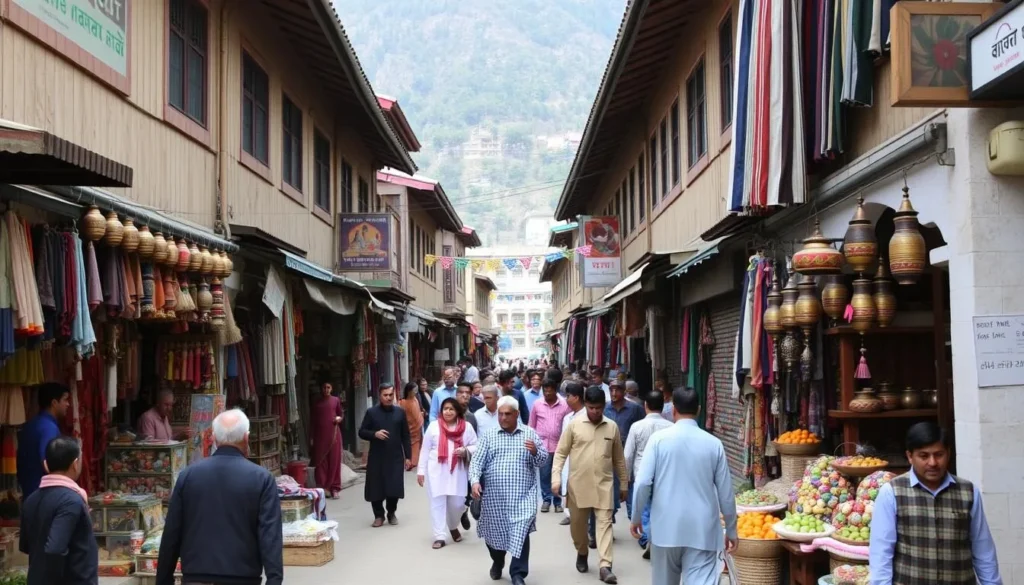 Bustling Mingora Bazaar with colorful shops selling traditional crafts and textiles