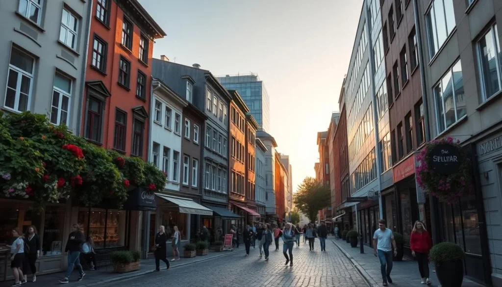 Bustling Oslo neighborhoods, vibrant with life and character. Quaint historic buildings line cobblestone streets, their facades adorned with charming details. Locals stroll leisurely, window-shopping at independent boutiques and cafes. Lush greenery and blooming flowers add pops of color, creating a warm, inviting atmosphere. The sun casts a soft, golden glow, illuminating the scene with a sense of tranquility. Sleek, modern architecture stands in contrast, showcasing Oslo's evolution. Capture the harmony of old and new, the perfect balance of tradition and modernity.