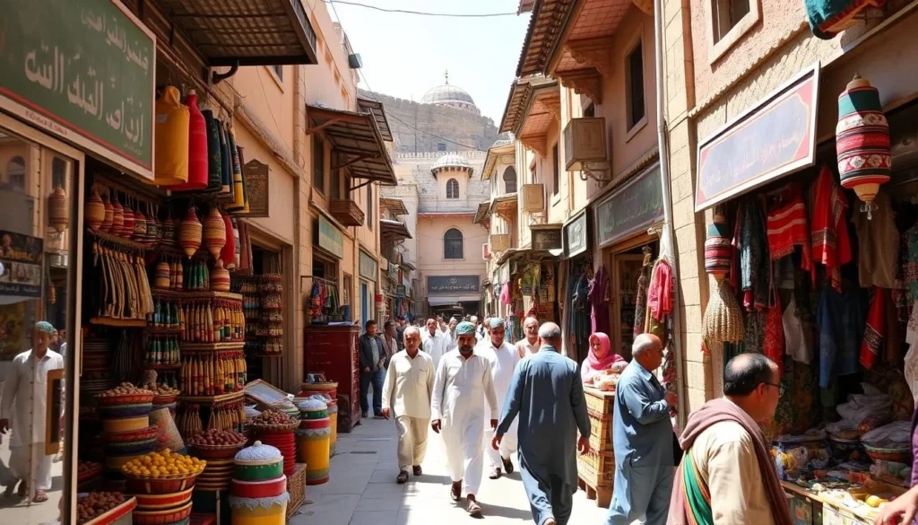 Bustling Qissa Khwani Bazaar in Peshawar with shoppers and vendors
