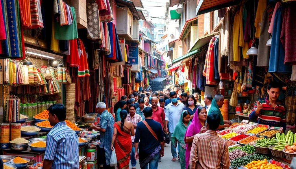 Bustling Reazuddin Bazaar with colorful stalls selling textiles and spices
