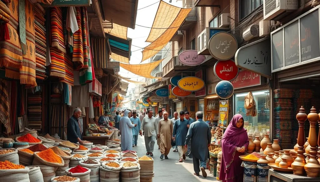 Bustling Sargodha Bazaar with colorful textiles, spices, and local shoppers