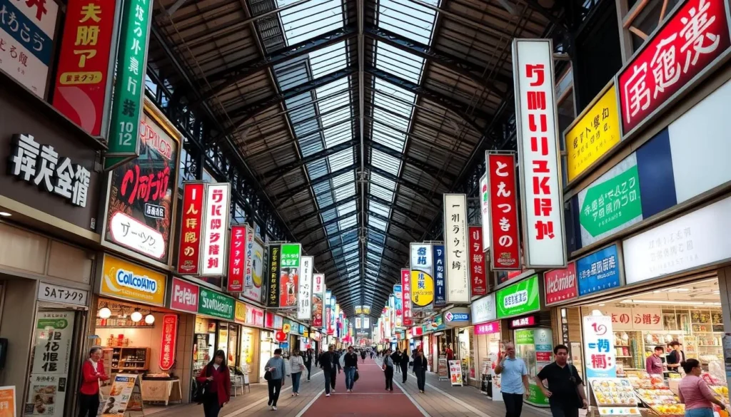 Bustling covered shopping arcade in Shinsaibashi with fashion boutiques and crowds of shoppers