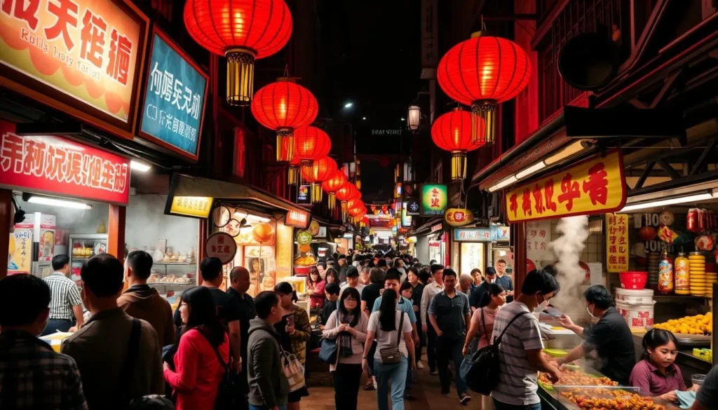 Bustling food stalls and shops in Xi'An's Muslim Quarter at night with colorful lanterns