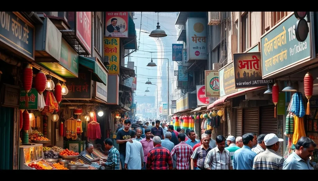 Bustling narrow lanes of Chandni Chowk market with colorful shops and street vendors Bustling narrow lanes of Chandni Chowk market with colorful shops and street vendors