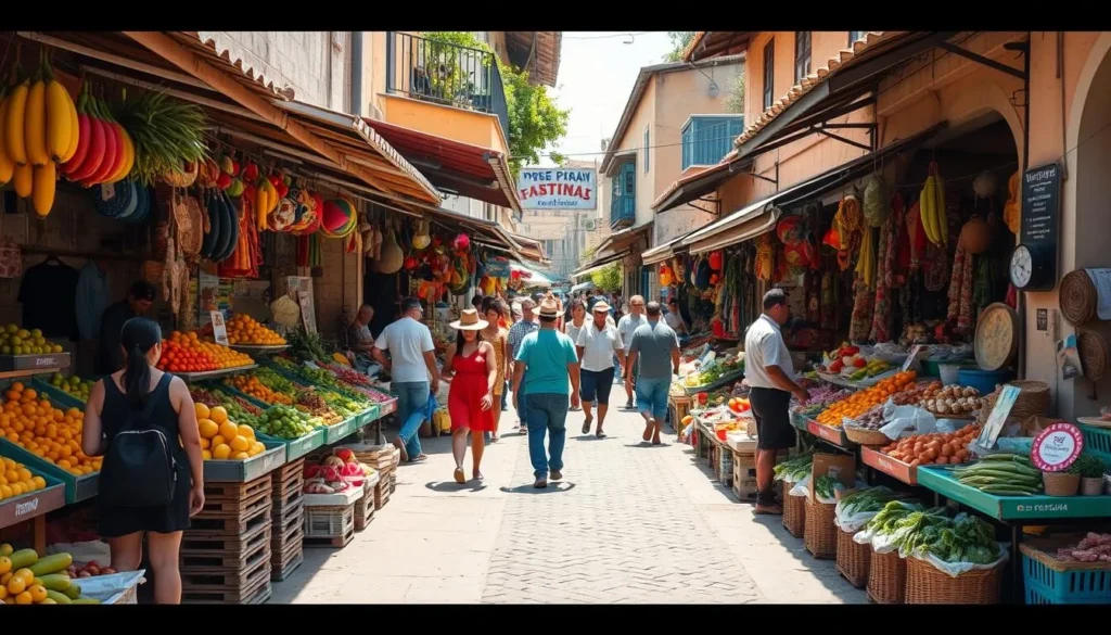 Bustling open-air market in a Venezuelan town, featuring an array of vibrant produce stalls, handmade crafts, and lively interactions between local vendors and shoppers. Capture the warm, sunlit atmosphere with a medium-wide angle lens, showcasing the colorful displays of tropical fruits, vegetables, and artisanal wares against a backdrop of rustic buildings and cobblestone streets. Convey a sense of community, culture, and the rhythmic energy of an authentic local marketplace.