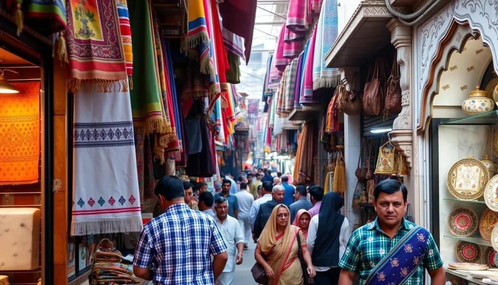 Bustling scene at Kinari Bazaar in Agra showing colorful textiles, handicrafts and local shoppers