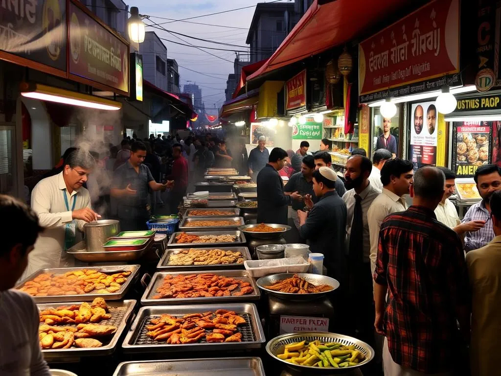 Busy food street in Gujranwala with various food stalls and vendors
