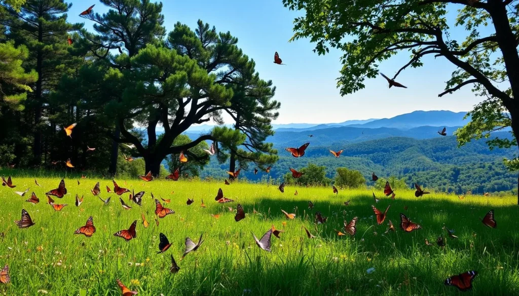 Butterflies dancing amidst a lush, verdant landscape at Mount Magazine State Park. A vibrant, sun-dappled meadow in the foreground, alive with the graceful flutter of colorful wings - monarchs, swallowtails, and painted ladies. In the middle ground, towering pines and ancient oaks provide a natural canopy, casting soft, warm shadows. The majestic, rolling hills of the Ozark Mountains rise in the distance, bathed in the golden glow of a late afternoon sun. A serene, idyllic scene, capturing the essence of Arkansas' natural beauty and the enchanting wildlife that calls this place home.