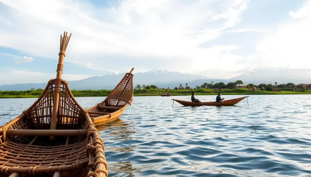 Caballitos de Totora: A timeless scene on the tranquil waters of Huanchaco, Peru. In the foreground, traditional reed boats gently sway, their intricate woven patterns and earthy tones reflecting the ancient craftsmanship. A serene sky with soft, wispy clouds creates a natural, diffused lighting that enhances the peaceful atmosphere. In the middle ground, the reed boats are juxtaposed against the lush, verdant shoreline, where locals and visitors gather to admire this centuries-old tradition. The background features the majestic Andes mountains, their snow-capped peaks adding a dramatic, awe-inspiring element to the idyllic landscape. Capture the essence of Huanchaco's enduring cultural heritage and the timeless beauty of the caballitos de totora.