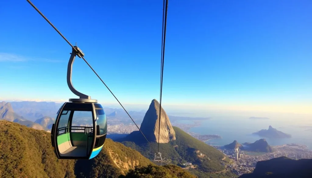 Cable car approaching Sugarloaf Mountain with panoramic views of Rio de Janeiro and Guanabara Bay