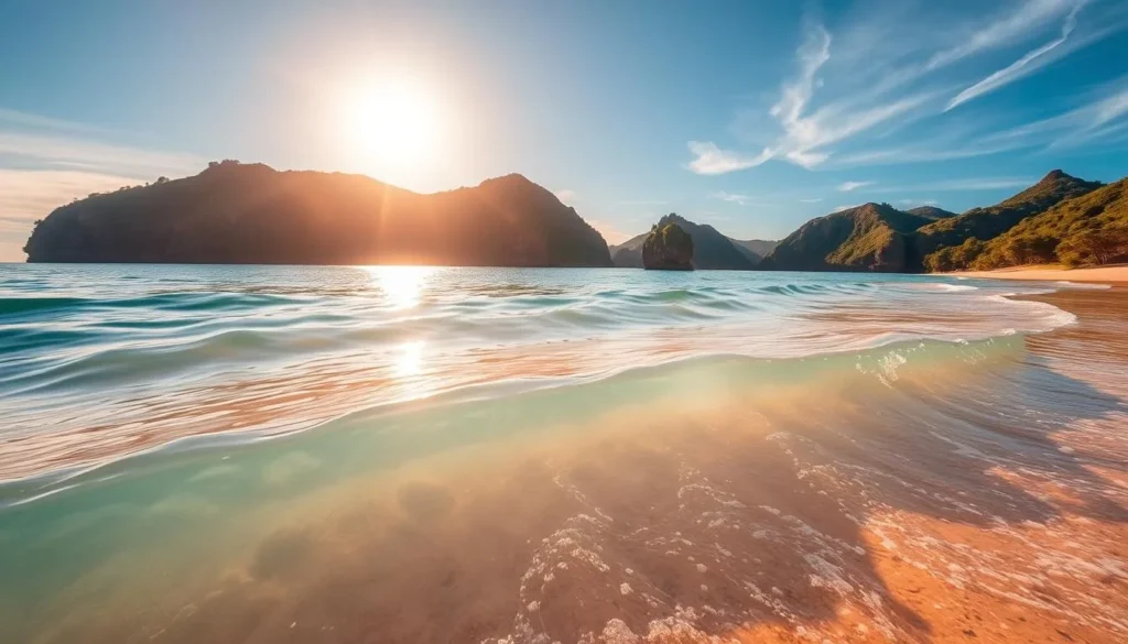 Cabo Orange waters, a vibrant and captivating scene nestled within the lush landscapes of Brazil's Cabo Orange National Park. Capture the sun's warm rays glistening across the serene, orange-hued waters, creating a mesmerizing and tranquil atmosphere. In the foreground, crystal-clear waves gently lap against the pristine, sandy shores, inviting visitors to dip their toes and bask in the natural wonder. The middle ground showcases the verdant, towering cliffs that frame the vibrant waterscape, while the background features a clear, azure sky dotted with wispy, cloud formations. Employ a wide-angle lens to encapsulate the breathtaking panorama, using soft, diffused lighting to accentuate the warm, earthy tones and create a sense of calm and serenity.