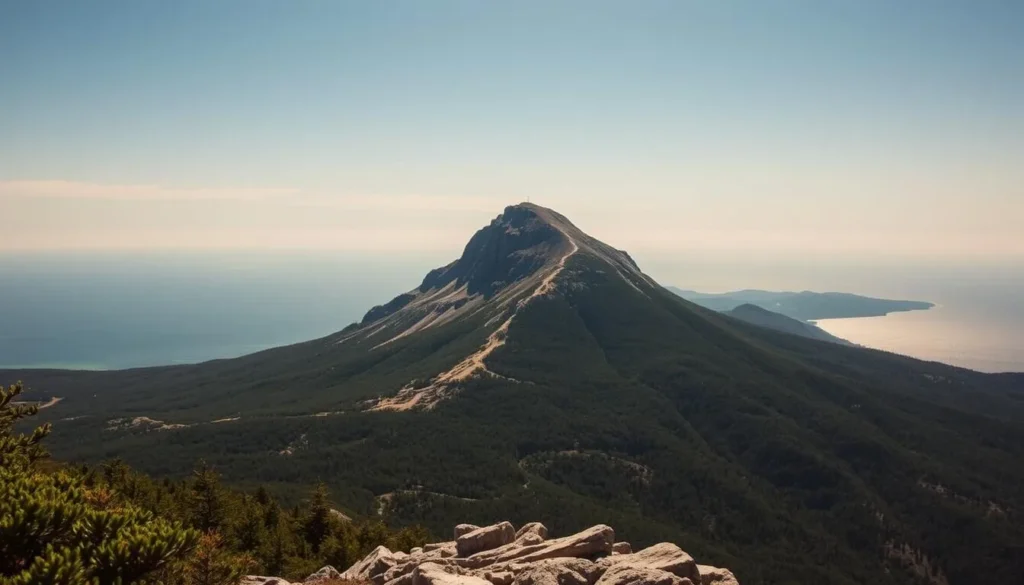Cadillac Mountain, a majestic peak rising above the rugged coastline of Acadia National Park, Maine. Capture the grandeur of this iconic landmark on a clear, sun-dappled day. Depict the sweeping views from the summit, showcasing the dramatic granite cliffs, lush forest canopy, and the sparkling waters of the Atlantic Ocean below. Utilize a wide-angle lens to emphasize the scale and natural beauty of the scene, with soft, directional lighting illuminating the details. Convey a serene, contemplative atmosphere, inviting the viewer to experience the tranquility and wonder of this unique geological formation.