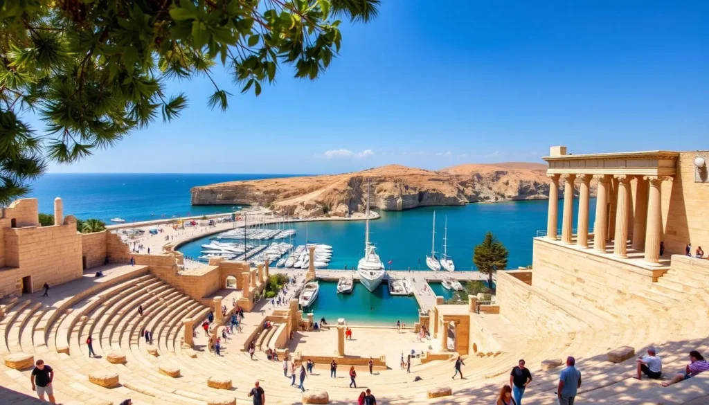 Caesarea National Park, a stunning coastal gem in Israel, with ancient ruins and a picturesque harbor. A sun-dappled day, warm Mediterranean breezes caress the limestone walls of the Herodian amphitheater. In the foreground, visitors explore the archaeological site, marveling at the well-preserved Roman aqueducts and columns. The middle ground showcases the vibrant blue waters of the harbor, dotted with yachts and fishing boats. In the distance, the sun-kissed cliffs of the Carmel range provide a majestic backdrop, creating a serene and tranquil atmosphere. Capture the essence of this historical destination with a wide-angle lens, showcasing the harmonious blend of ancient architecture and stunning natural beauty.