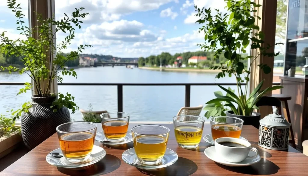 Cafe Art Turku with a serene riverside view and a variety of teas