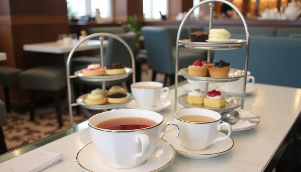 Cafe Qwensel high tea experience with elegant tiered platters and dainty tea cups