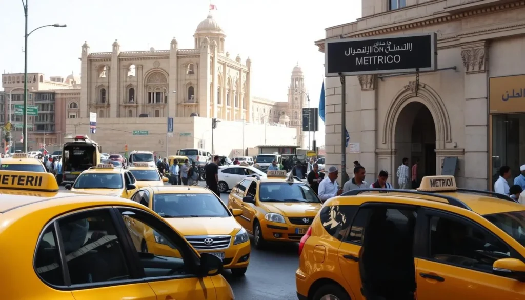 Cairo Egypt street scene with taxis, pedestrians and historic buildings