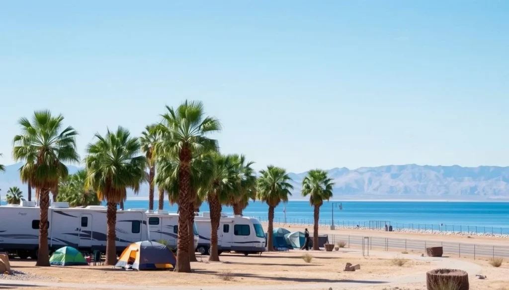 Camping area at Salton Sea State Recreation Area with RVs and tents Camping area at Salton Sea State Recreation Area with RVs and tents